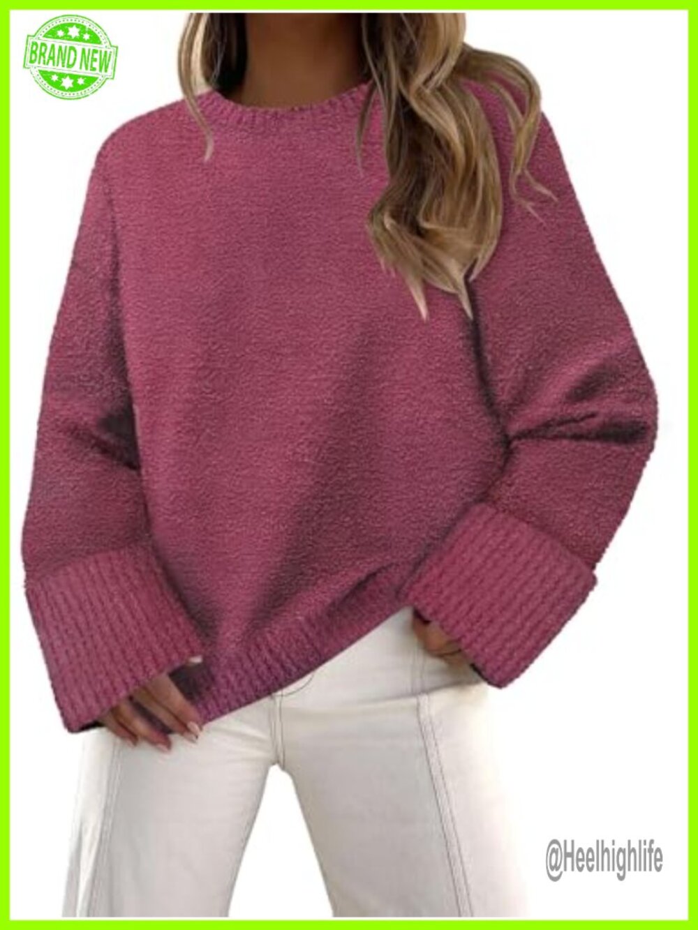 Fuzzy Knit Crewneck Pullover Sweater Loose Fit Fall Winter